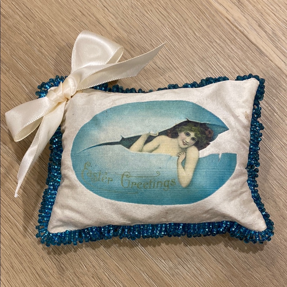 Vintage Shabby Chic Tiny Decorative Pillow with Blue Beaded Trim